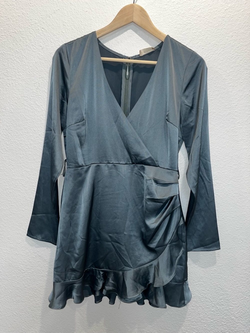 Altar'd State Long-Sleeve Satin Wrap Dress in Slate Blue